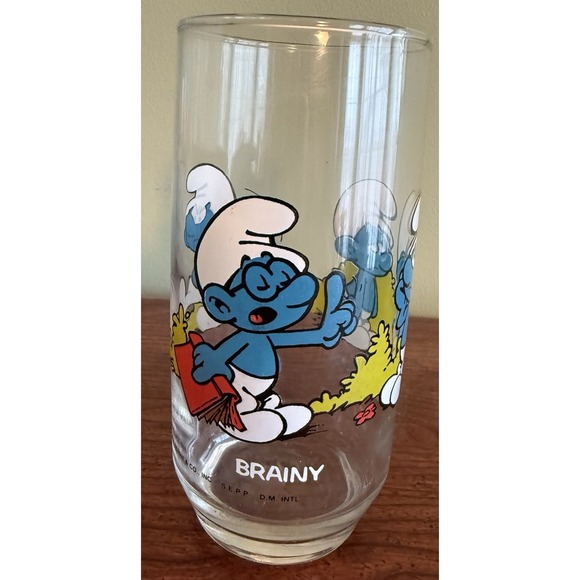 Vintage Brainy Smurf Glass 1982 Wallace Berrie‎ & Co. PEYO Collector's Old Stock - Picture 1 of 7